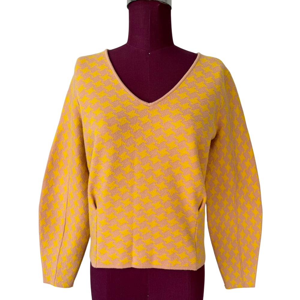 Anthropologie Maeve Sweater Top Lupita Houndstooth V neck Yellow Medium‎